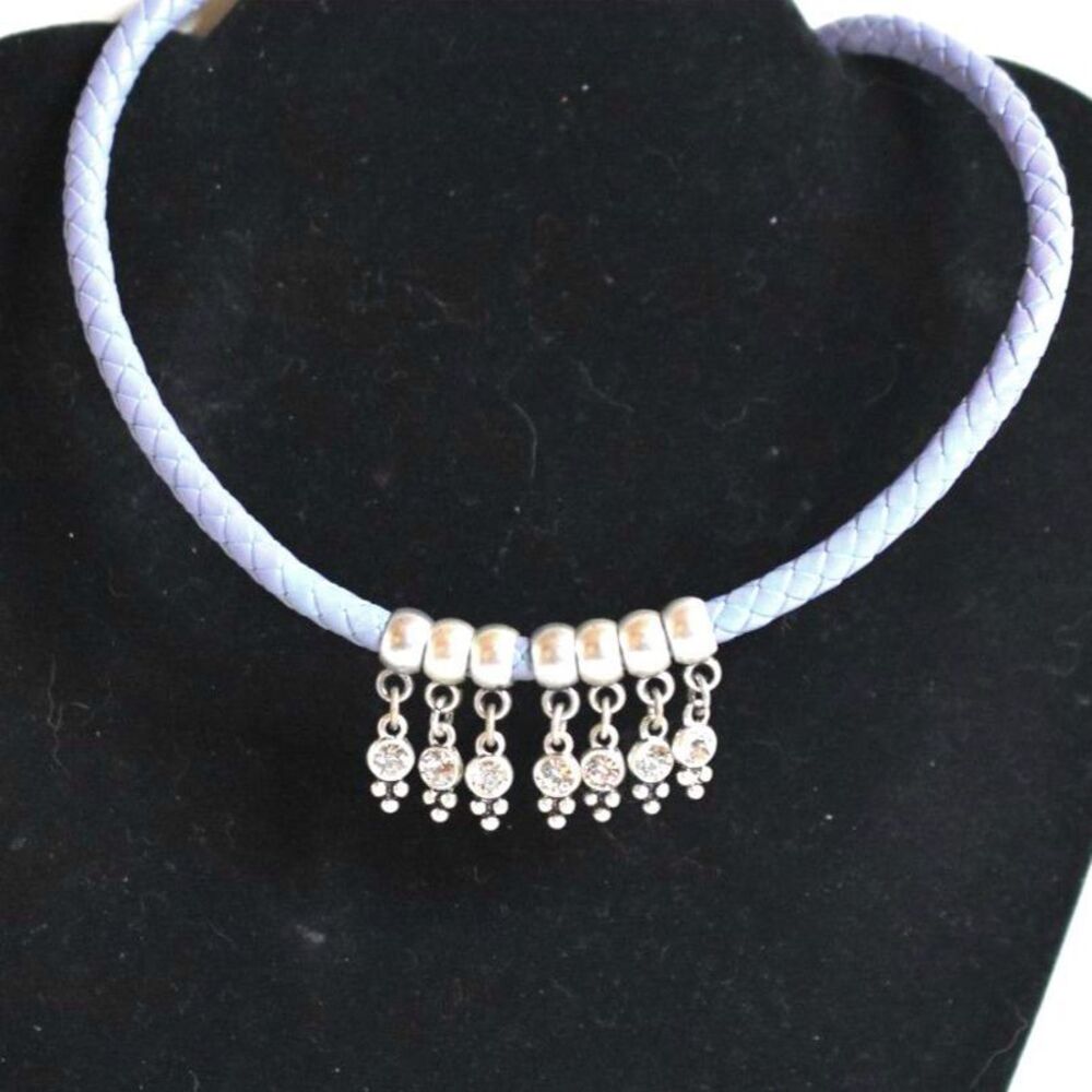 Premier Designs Silver Tone Dangle Crystals Blue Braided Leather Cord Necklace